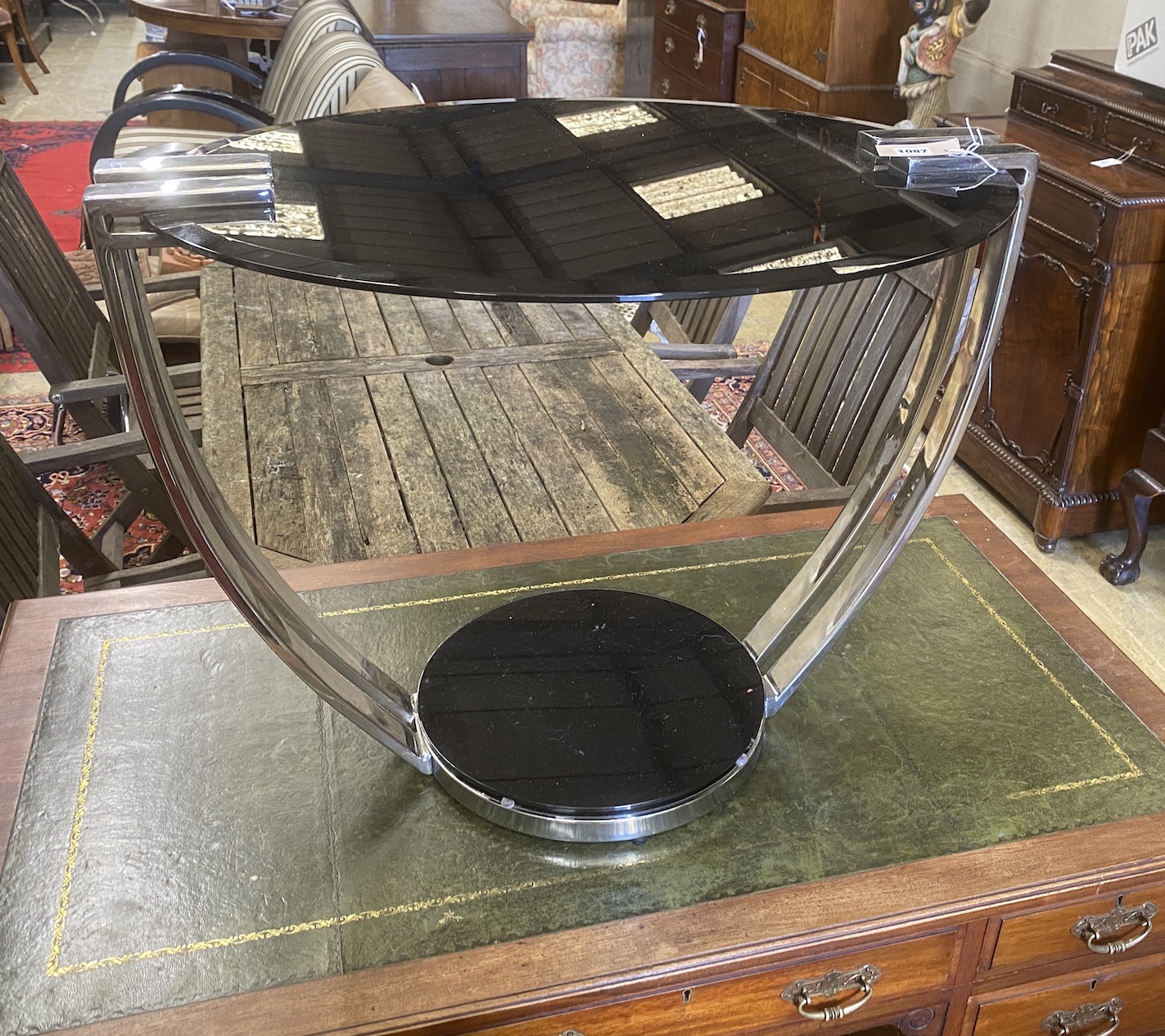 Josef Hoffman style oval glass and chrome occasional table, length 76cm, depth 56cm, height 56cm